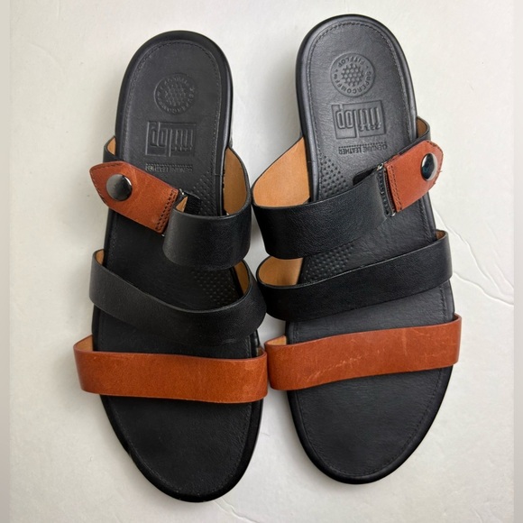 Fitflop Black Tan Leather Gladdie Slide Sandals 11 - Picture 2 of 7